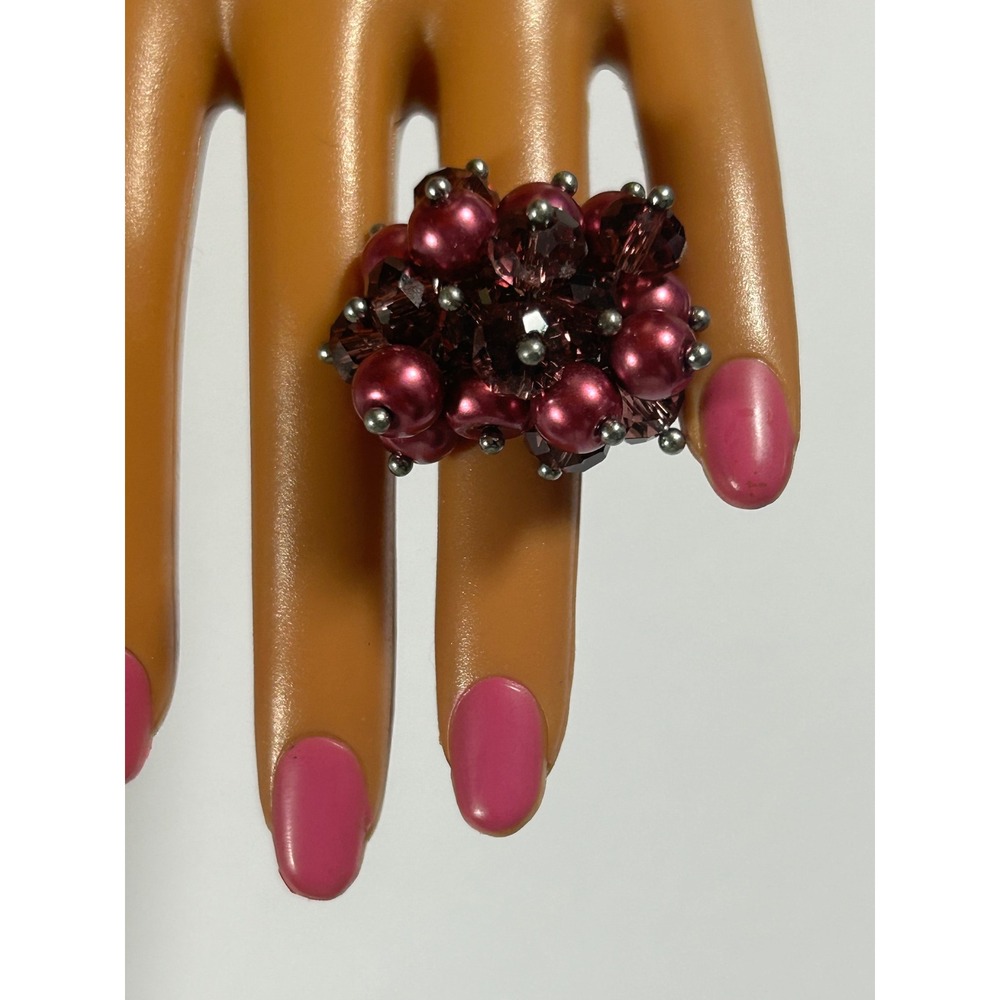 Vintage Burgundy Faux Pearl and Plum Crystal Cluster Adjustable Ring Y2K